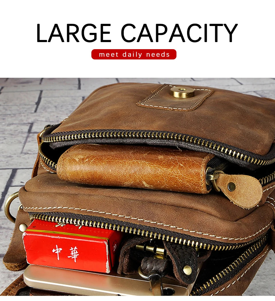 Crazy Horse Leather Design Casual Multifunction Small Messenger Crossbody Bag Waist Belt Bag