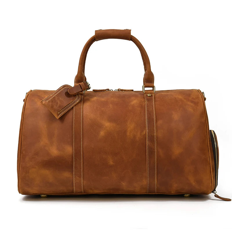 Vintage Travel Bag Crazy Horse Genuine Leather Big Travel Duffel With Shoe Pocket
