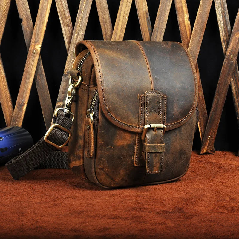 Crazy Horse Leather Design Casual Multifunction Small Messenger Crossbody Bag Waist Belt Bag
