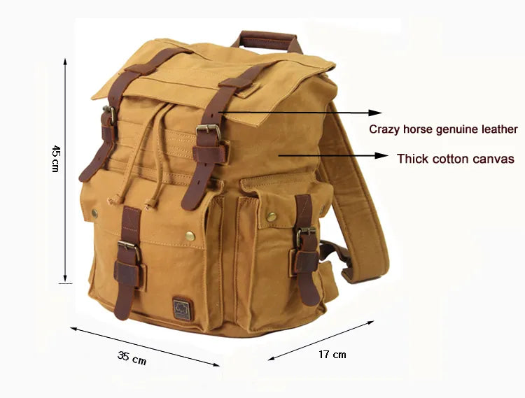 Vintage Leather Military Canvas travel Backpack