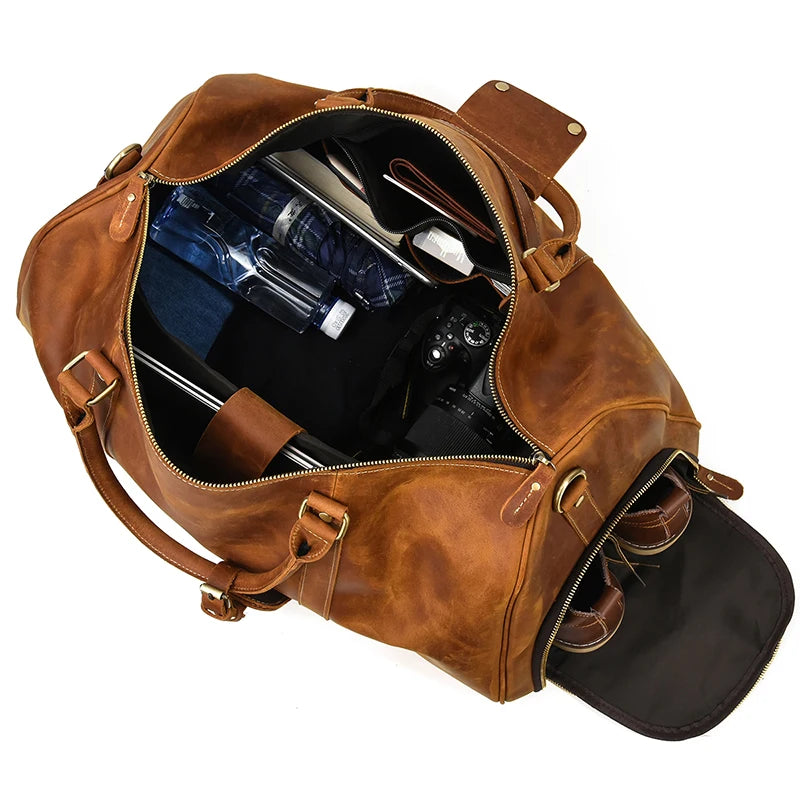 Vintage Travel Bag Crazy Horse Genuine Leather Big Travel Duffel With Shoe Pocket
