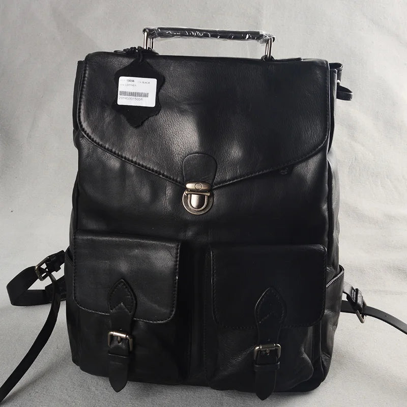 Backpack Casual Cowhide Travel Lock Backpacks Real Genuine Leather Cow Leather