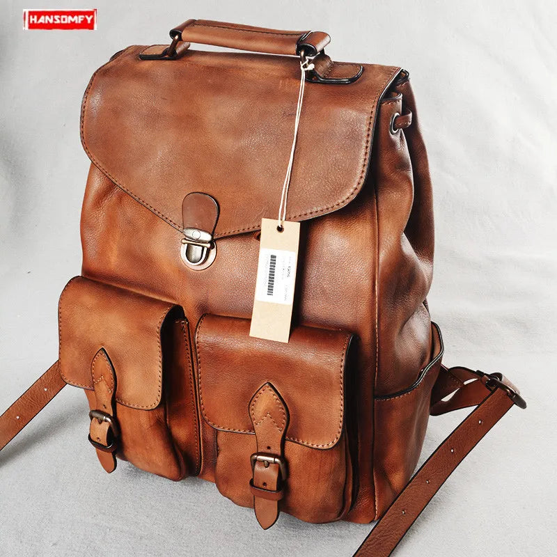 Backpack Casual Cowhide Travel Lock Backpacks Real Genuine Leather Cow Leather