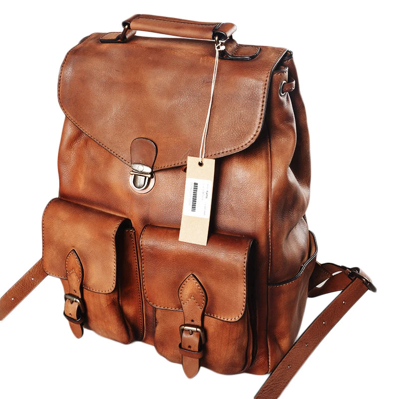 Backpack Casual Cowhide Travel Lock Backpacks Real Genuine Leather Cow Leather