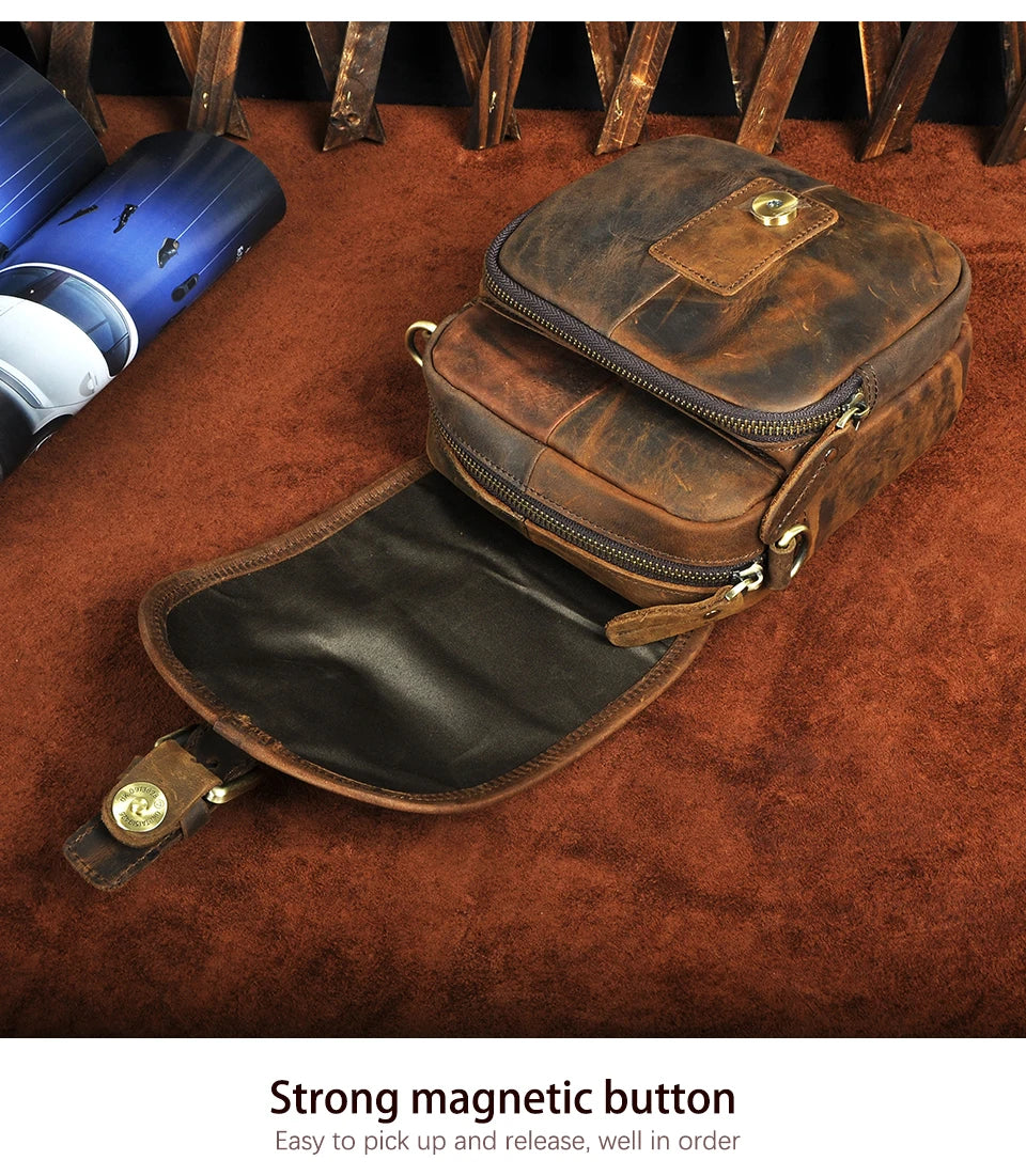 Crazy Horse Leather Design Casual Multifunction Small Messenger Crossbody Bag Waist Belt Bag