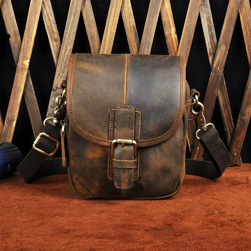 Crazy Horse Leather Design Casual Multifunction Small Messenger Crossbody Bag Waist Belt Bag