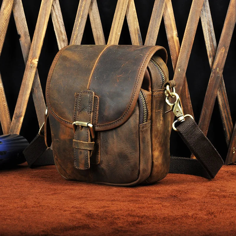 Crazy Horse Leather Design Casual Multifunction Small Messenger Crossbody Bag Waist Belt Bag