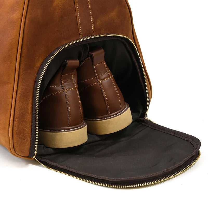 Vintage Travel Bag Crazy Horse Genuine Leather Big Travel Duffel With Shoe Pocket