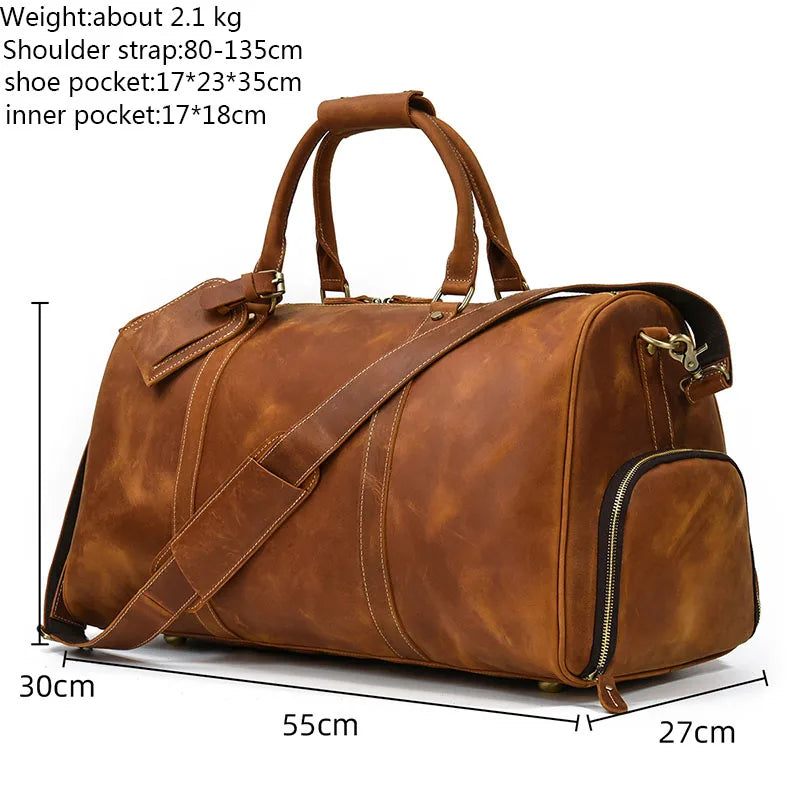 Vintage Travel Bag Crazy Horse Genuine Leather Big Travel Duffel With Shoe Pocket