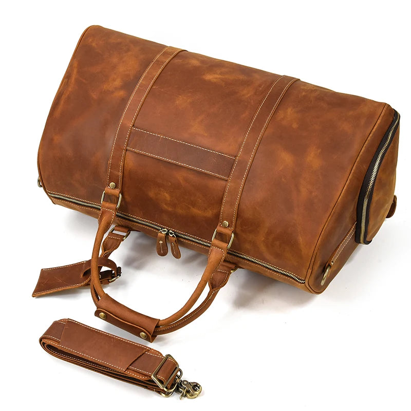 Vintage Travel Bag Crazy Horse Genuine Leather Big Travel Duffel With Shoe Pocket