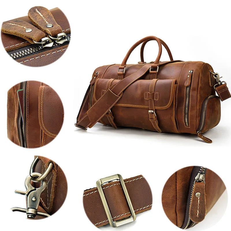 Vintage Crazy Horse leather Travel bag with Shoe Pocket