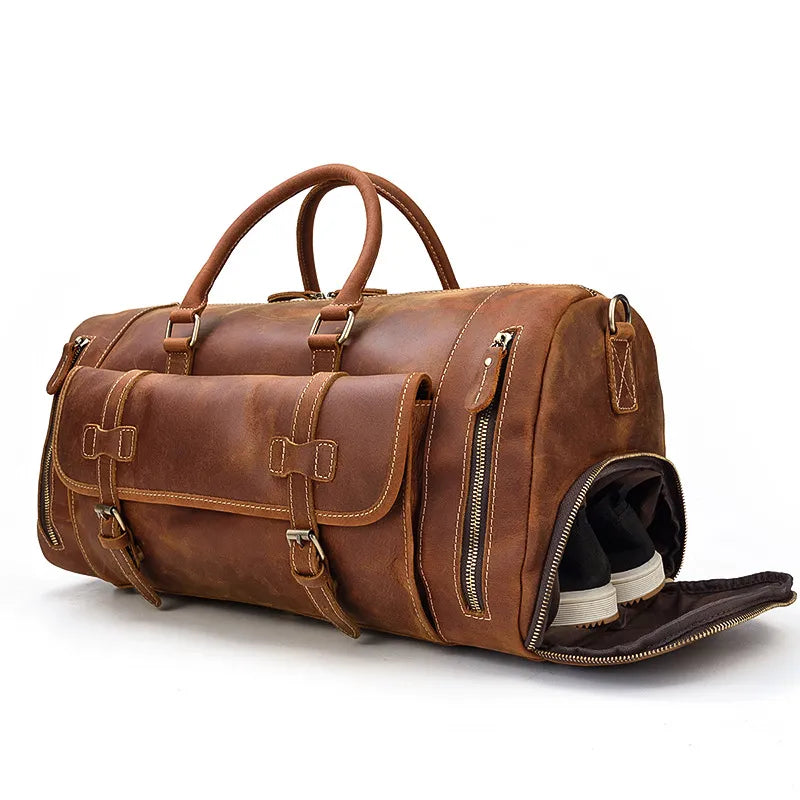 Vintage Crazy Horse leather Travel bag with Shoe Pocket