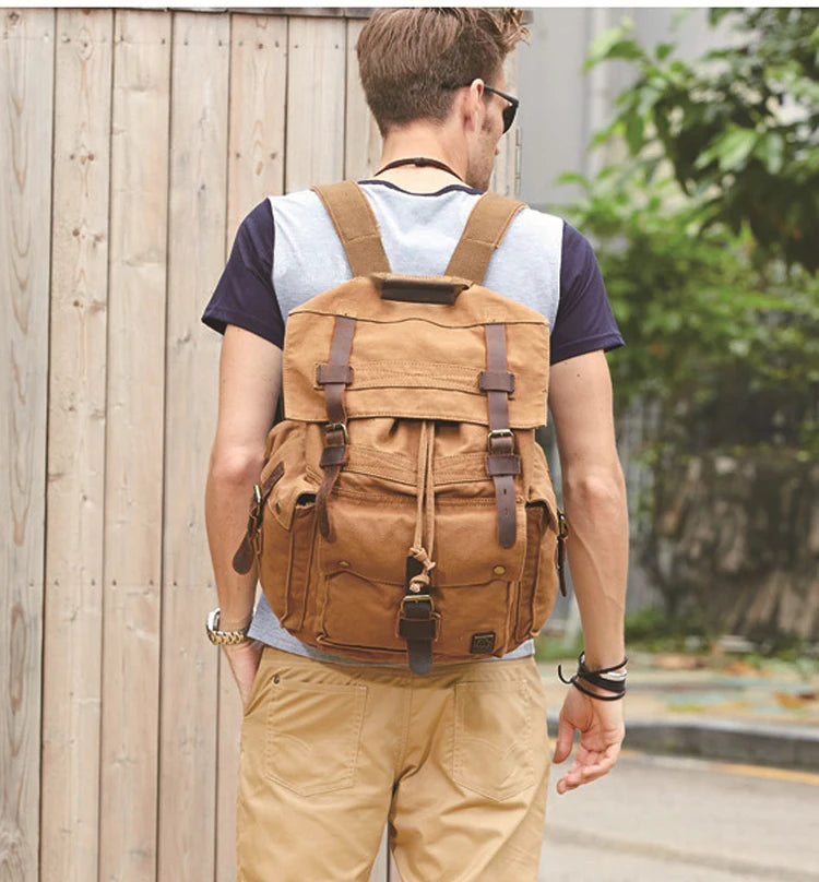 Vintage Leather Military Canvas travel Backpack